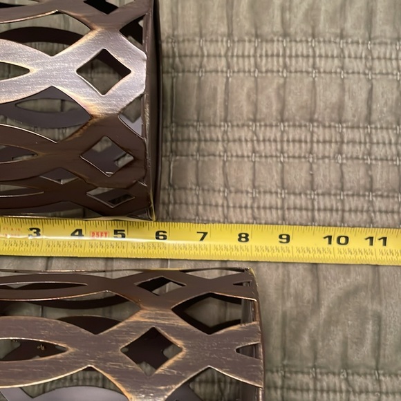 Set of 2 Round Bronze Color Metal Cut Out Lanterns Hurricane Candle Holders - Picture 8 of 10